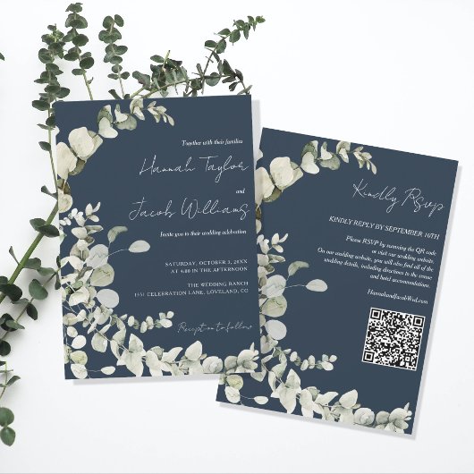 Eucalyptus QR Code Navy Blue Wedding Einladung