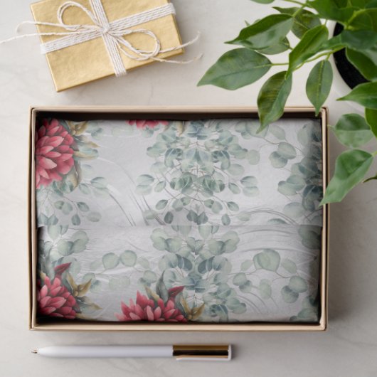 Eucalyptus & Red Flowers on Faux Foil Decoupage Seidenpapier (Geschenk)
