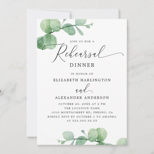 Eucalyptus Rehearsal Dinner. Elegant Script Garden Einladung (Vorderseite)