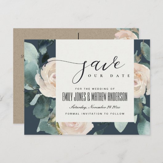 EUCALYPTUS ROSE BLUSH NAVY KRAFT SAVE THE DATE ANKÜNDIGUNGSPOSTKARTE (Vorne/Hinten)