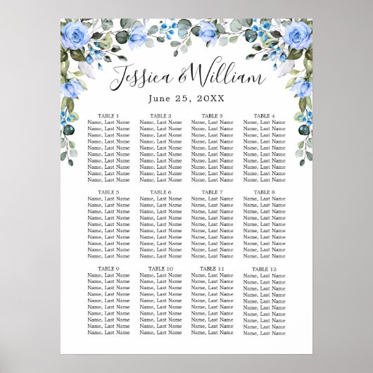 Eucalyptus & Roses 12 Tables Wedding SEATING CHART Poster (Vorne)