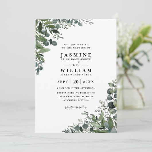 Eucalyptus Rustic Elegant Modern QR Code Wedding Einladung (Stehend Vorderseite)