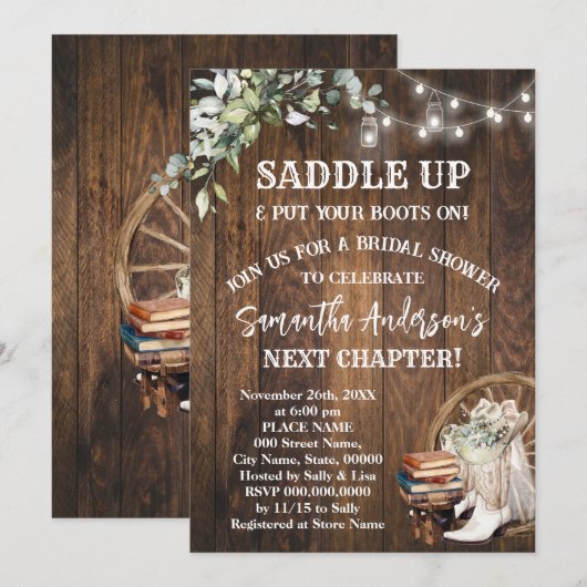 Eucalyptus Saddle Up Boots & Books Bridal Shower Einladung (Vorne/Hinten)