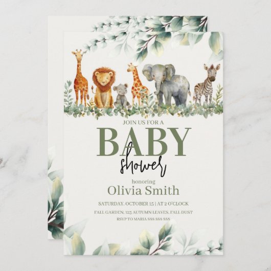 Eucalyptus Safari Baby-Dusche Einladung (Vorne/Hinten)