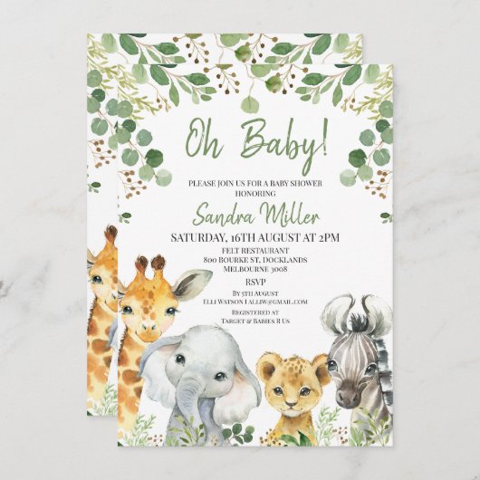 Eucalyptus Safari Baby Shower Einladung (Vorne/Hinten)