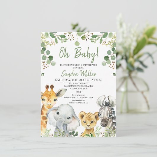 Eucalyptus Safari Baby Shower Einladung (Stehend Vorderseite)