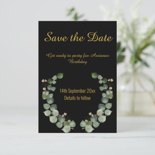 EUCALYPTUS SCHWARZE GOLD REAKTION RSVP CARD (Stehend Vorderseite)