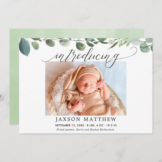 Eucalyptus simple moderne Geburtsankündigung (Vorne/Hinten)