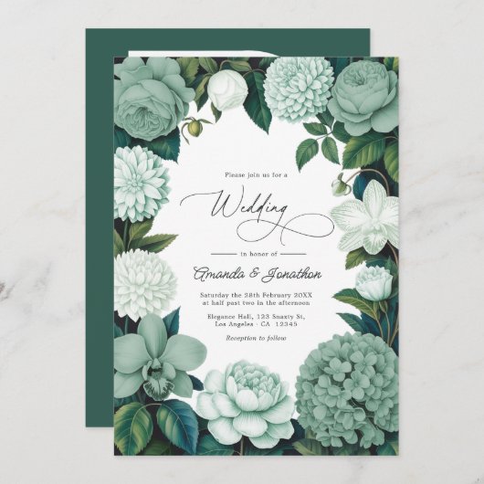 Eucalyptus Soft, Mint Frost & Snowdrop Wedding Einladung (Vorne/Hinten)