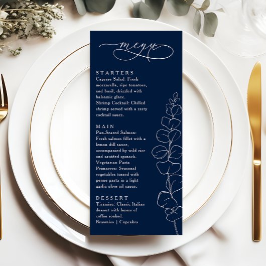 Eucalyptus Spring Navy Blue Wedding Dinner Menükarte