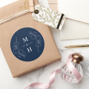 Eucalyptus Springs Monogram Navy Blau Hochzeit Runder Aufkleber