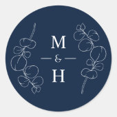 Eucalyptus Springs Monogram Navy Blue Wedding Runder Aufkleber (Vorderseite)