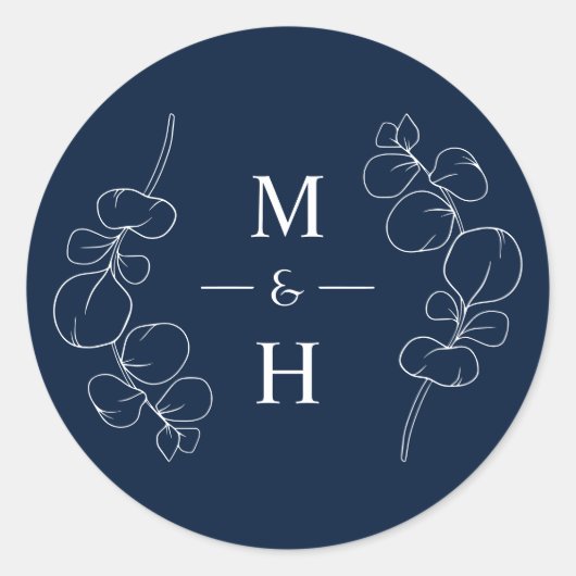 Eucalyptus Springs Monogram Navy Blue Wedding Runder Aufkleber (Vorderseite)