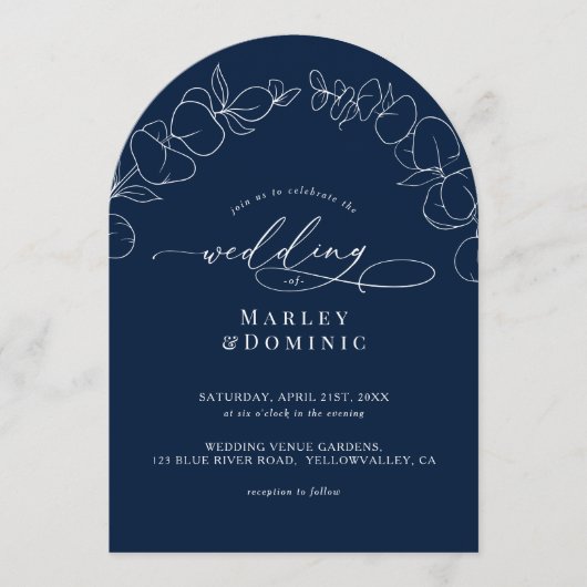 Eucalyptus Springs Script Navy Blue Arch Wedding Einladung (Vorderseite)