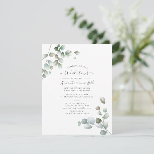 Eucalyptus Watercolor Foliage Script-Brautparty Einladung (Stehend Vorderseite)