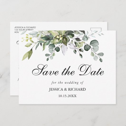 Eucalyptus Watercolor Save the Date Postkarte (Vorne/Hinten)