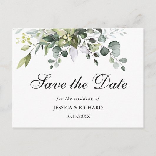 Eucalyptus Watercolor Save the Date Postkarte (Vorderseite)