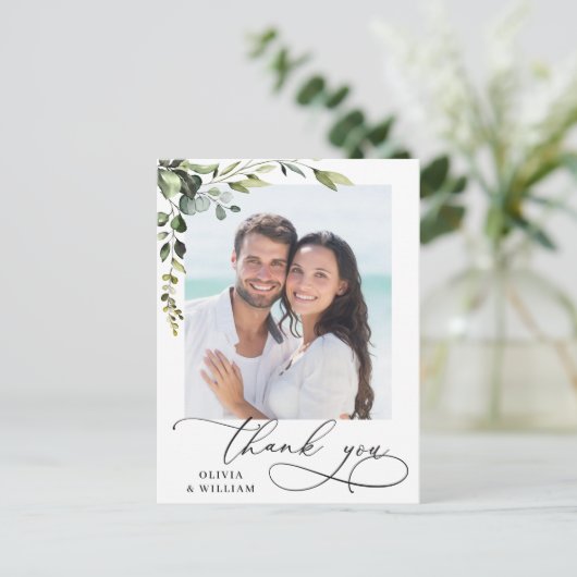 Eucalyptus Watercolor Wedding Foto Vielen Dank Postkarte (Stehend Vorderseite)