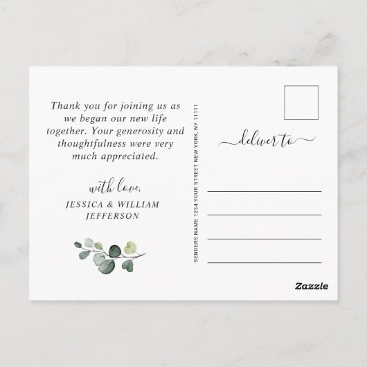 Eucalyptus Watercolor Wedding Foto Vielen Dank Postkarte (Rückseite)