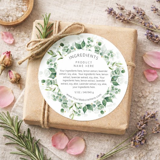Eucalyptus Watercolor Wreath Ingredients Labels Runder Aufkleber