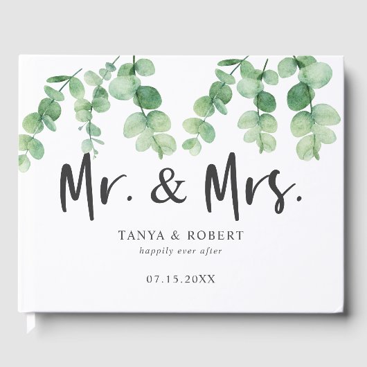 Eucalyptus Wedding Mr. und Mrs. Script Elegant Gästebuch (Vorderseite)