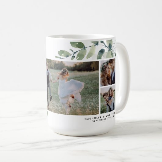 Eucalyptus Wedding Photo Collage Keepsake Plaque Kaffeetasse (VorderseiteRechts)