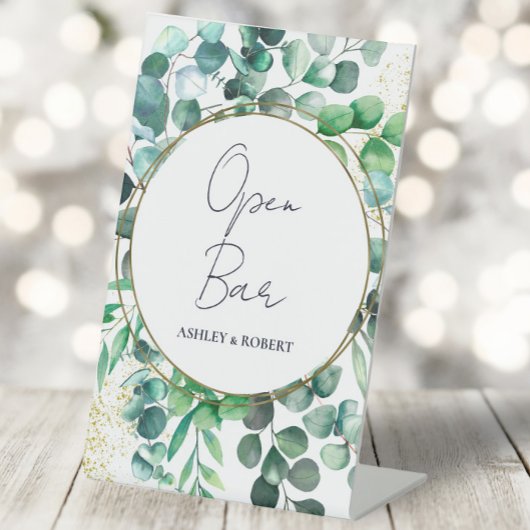 Eucalyptus Wedding Reception Open Bar Tabletop Sockelschild