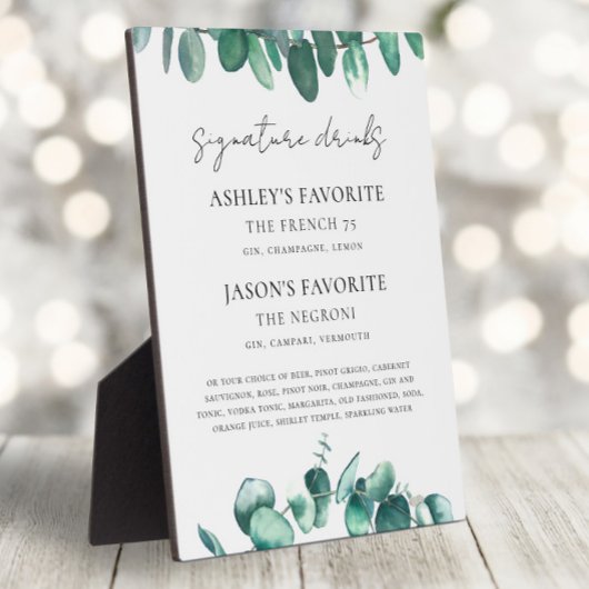 Eucalyptus Wedding Signature Drinks Sign, Cocktail Fotoplatte