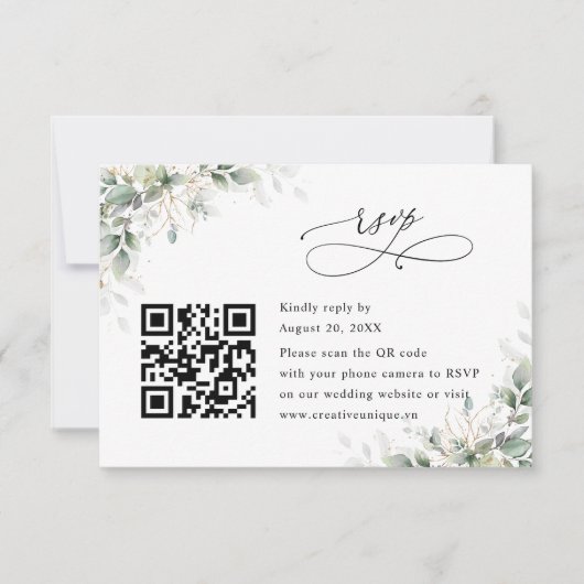 Eucalyptus Wedding Website QR Code RSVP Card Karte (Vorderseite)