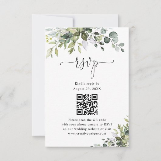 Eucalyptus Wedding Website QR Code RSVP Karte (Vorderseite)