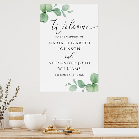 Eucalyptus Wedding Welcome Sign | Elegant Script Poster (Küche)