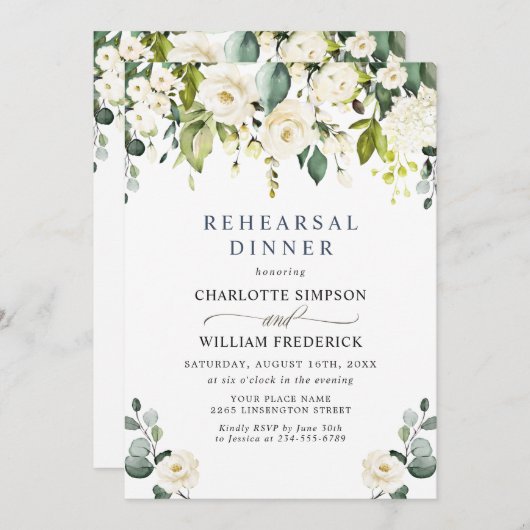 Eucalyptus White Roses PROBE DINNER Einladung (Vorne/Hinten)