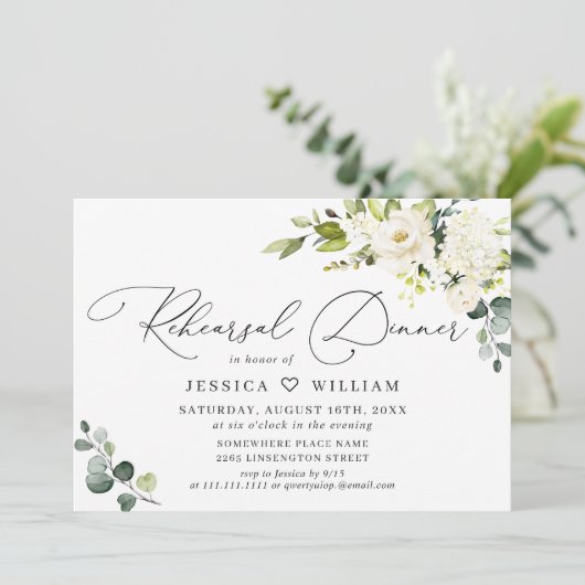 Eucalyptus White Roses PROBE DINNER Einladung (Stehend Vorderseite)