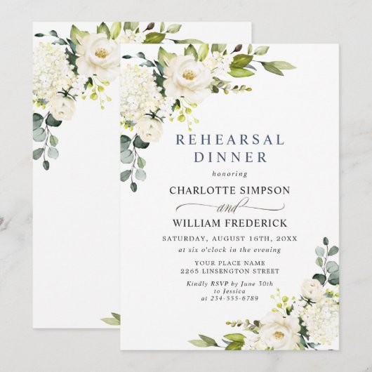 Eucalyptus White Roses PROBE DINNER Einladung (Vorne/Hinten)