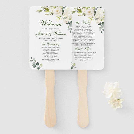 Eucalyptus White Roses Wedding Program Han Fächer (Vorne und Hinten)