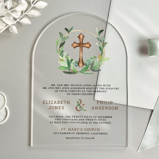 Eucalyptus Wood Cross Catholic Wedding Acryleinladungen