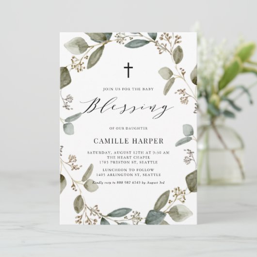 Eucalyptus Wreath Baby Sessing Einladung (Stehend Vorderseite)