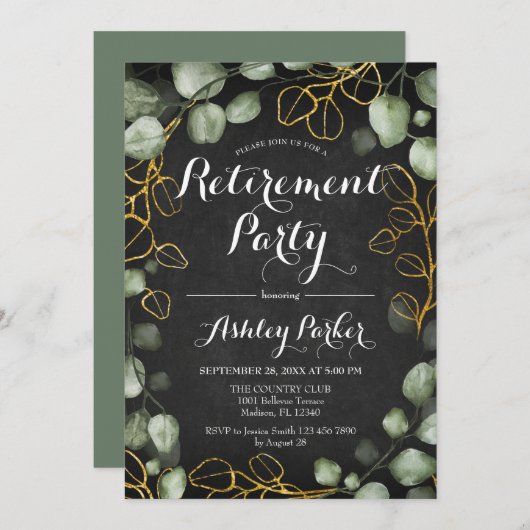 Eucalyptus Wreath Chalkboard Retirement Party Einladung (Vorne/Hinten)