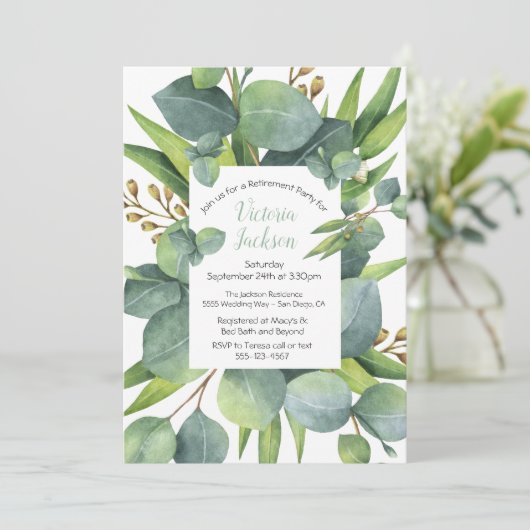 Eucalyptus Wreath Frame Retirement Party Einladung (Stehend Vorderseite)