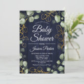 Eucalyptus Wreath Navy Wood Baby Shower Einladung (Stehend Vorderseite)