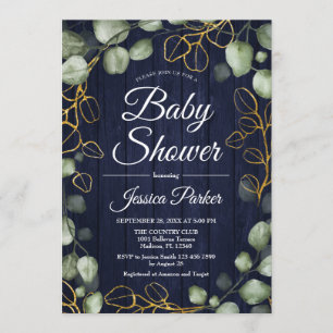 Eucalyptus Wreath Navy Wood Baby Shower Einladung