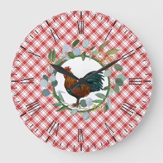 Eucalyptus Wreath & Rooster Farmhouse Große Wanduhr (Vorderseite)