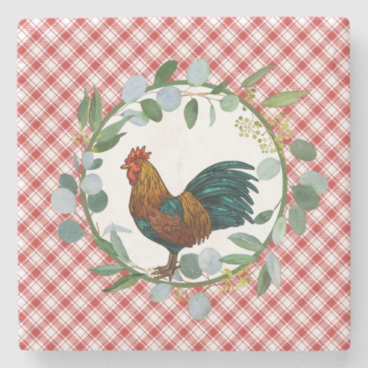 Eucalyptus Wreath & Rooster Farmhouse Steinuntersetzer (Vorderseite)
