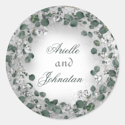 Eucalyptus Wreath Wedding Name Gefallen Grünes Sil Runder Aufkleber (Vorderseite)