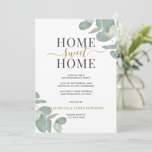 Eucalyptus Zuhause Sweet Zuhause Housewarming Part Einladung (Stehend Vorderseite)