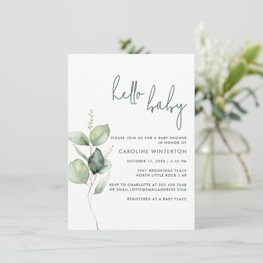 Euclyptus - Neutrale Babydusche Einladung (Stehend Vorderseite)