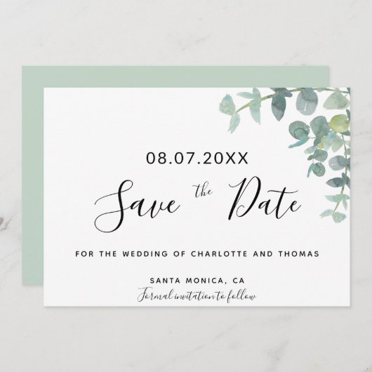 Eukaluptus-Grünschrift Hochzeit speichern das Datu (Vorne/Hinten)