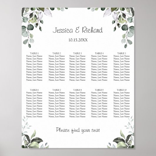 Eukalyptus 10 Tables Seating Chart Plakatzeichen Poster (Vorne)