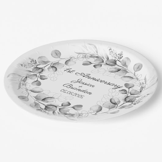 Eukalyptus 1. Hochzeitstag Pappteller (Schrägansicht)