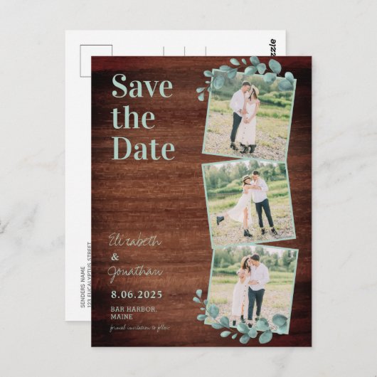 Eukalyptus 3-Foto aus rustikalem Holz Save the Dat Postkarte (Vorne/Hinten)